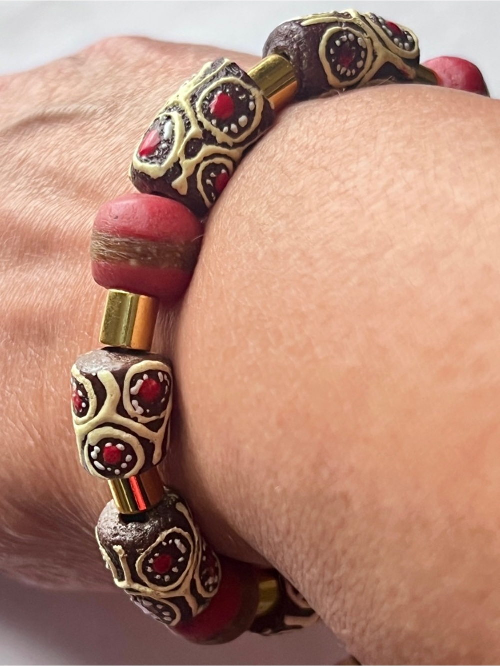 Beaded Stretch Bracelet African Trade Beads Red Brown Ethnic Unisex Handmade